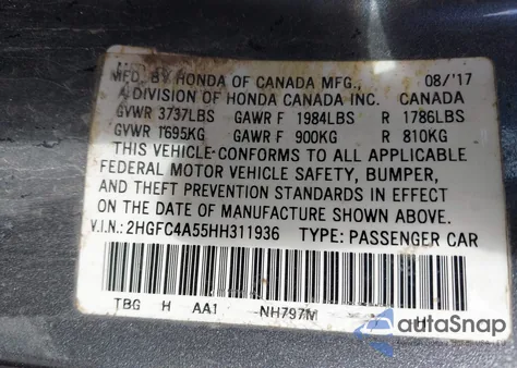 2017 Honda Civic Lx из США, поврежденный, VIN 2HGFC4A55HH311936